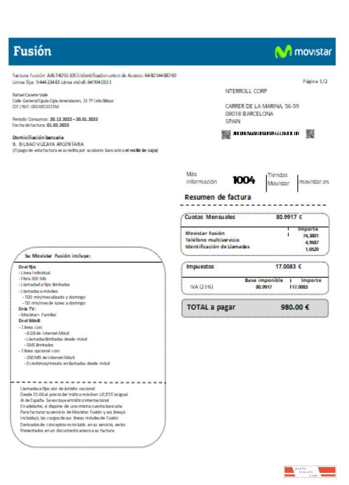 Movistar Fusion telecom operator utility business bill, SCR PSD template